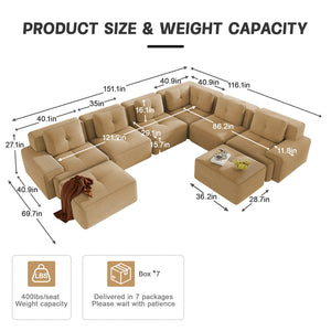 English Elm Modular Corduroy Sectional Sofa 6 Seat V Shaped Corner Couch with Ottomans Living Room Camel W714S01590