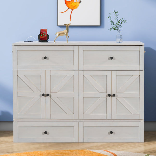 English Elm Full Size Murphy Bed Rattan Cabinet with Storage Drawers and Gold Hardware N708S00005AAK