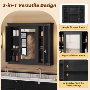English Elm Bathroom Wall Cabinet with Mirror and 5 Shelves — Wall-Mounted Medicine Cabinet, Modern Storage Solution Black N710P252503B