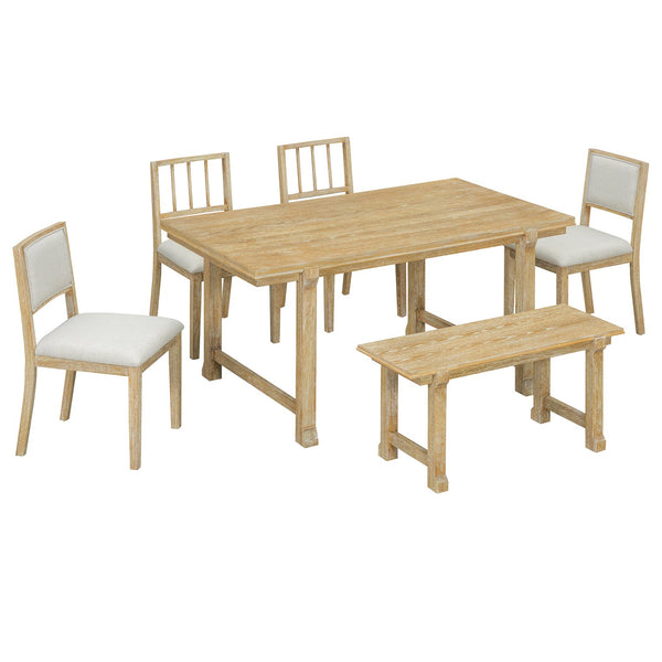 English Elm Trexm Farmhouse Dining Set Seats Six Oak Veneer Table Mixed Chairs Bench Included Beige,Natural Wood Wash ST000156AAE