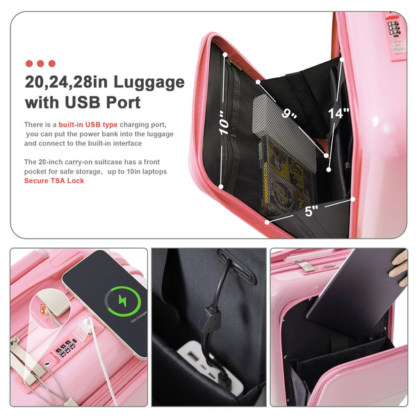 English Elm Luggage Hard Shell 3 Piece Set with Usb Port Spinner Wheels and Front Access Panel N726P197971P