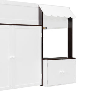 English Elm Twin House Loft Bed with Pull Out Rolling Desk Stair Drawers and Cabinet Storage Espresso+White N820S00074P