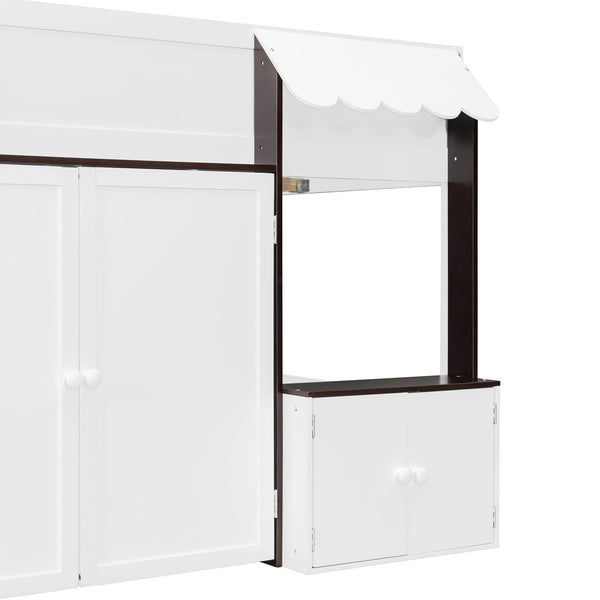 English Elm Twin House Loft Bed with Pull Out Rolling Desk Stair Drawers and Cabinet Storage Espresso+White N820S00074P