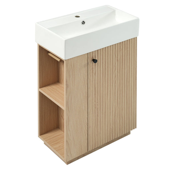 English Elm [video]21.6" Freestanding Bathroom Vanity Ceramic Sink Wavy Door Mdf Cabinet Small Bath Wood N729P285503N