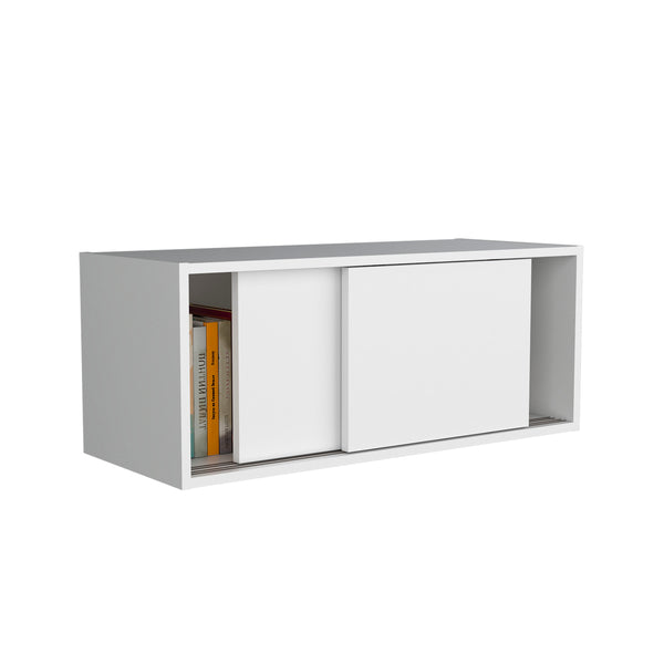 English Elm Note modern 32" W x 13" H wall cabinet with sliding doors for organized storage in home and office spaces White 33.9 L x 14.2 W x 3.6 H B070P238867
