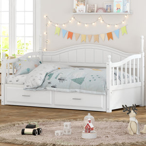 English Elm Wooden Twin Daybed with Trundle and Two Storage Drawers, Solid MDF Frame, Guardrails for Safety and Style White 43.5 L x 24.75 W x 6 H N733S173459K