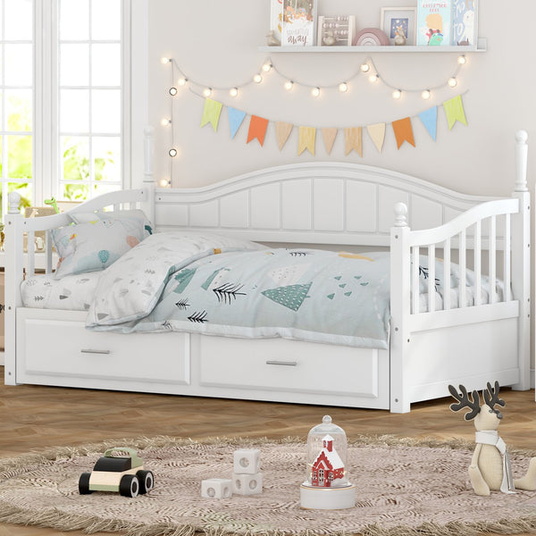 English Elm Wooden Twin Daybed with Trundle and Two Storage Drawers, Solid MDF Frame, Guardrails for Safety and Style White 43.5 L x 24.75 W x 6 H N733S173459K