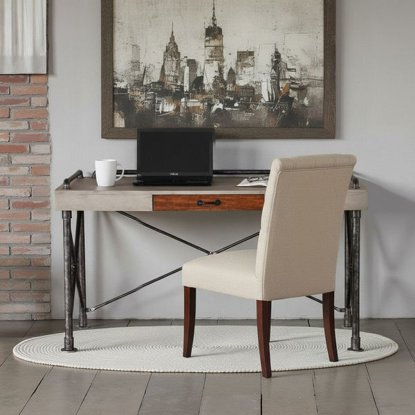 English Elm Steampunk Industrial Writing Desk with Faux Concrete Top and Iron Pipe Open Base B108P481215