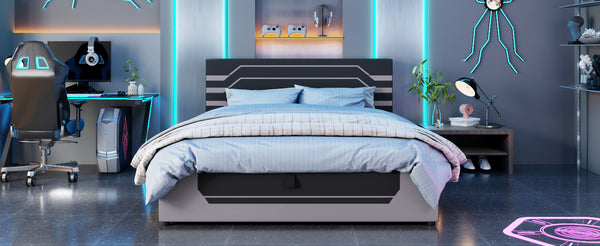 English Elm Modern Cyberpunk Queen Platform Bed Hydraulic Storage Pu Upholstered Gaming Frame Black+ Gray SF000205AAE