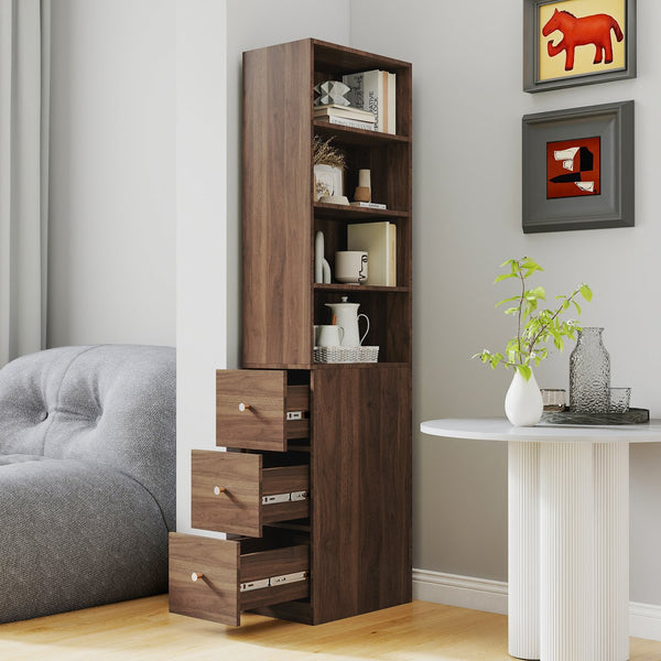 English Elm 70.87" H Modern Tall Storage Cabinet With 4 Open Shelves & 3 Drawers - Ideal For Living Room & Office W331P281206