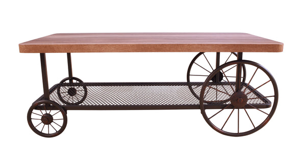 English Elm Francie Industrial Coffee Table with Diamond Mesh Shelf, Metal Wheels & Antique Gray Wood Finish Oak 52 L x 27 W x 6 H B2726P251278