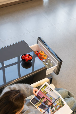 English Elm Modern Coffee Table with Built in Mini Fridge Power Outlets and Beverage Storage Black W1172P483596