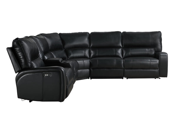 English Elm Saul Black Faux Leather Power Recliner Sectional with USB Ports, Cupholder Console & Storage - Sleek Comfort B2726S00121