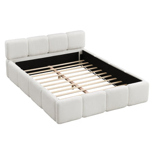English Elm Queen Boucle Upholstered Platform Bed Low Profile Block Silhouette for Modern Bedroom N757P385459W