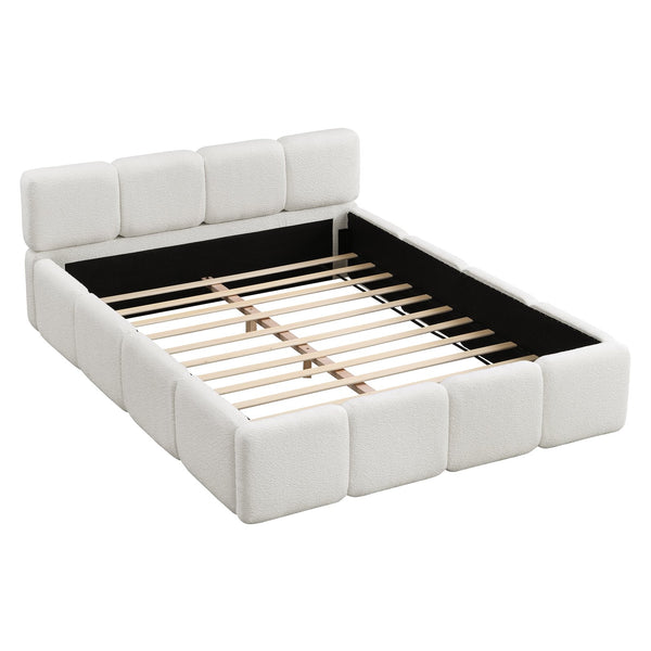 English Elm Queen Boucle Upholstered Platform Bed Low Profile Block Silhouette for Modern Bedroom N757P385459W