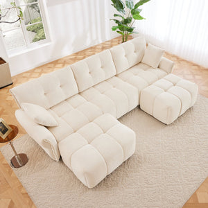English Elm 3 Seater Chenille Sofa with Ottoman Tufted Arms Solid Wood Frame Lounge Couch White W714S01654