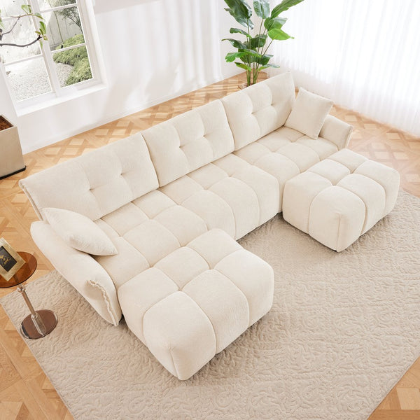 English Elm 3 Seater Chenille Sofa with Ottoman Tufted Arms Solid Wood Frame Lounge Couch White W714S01654