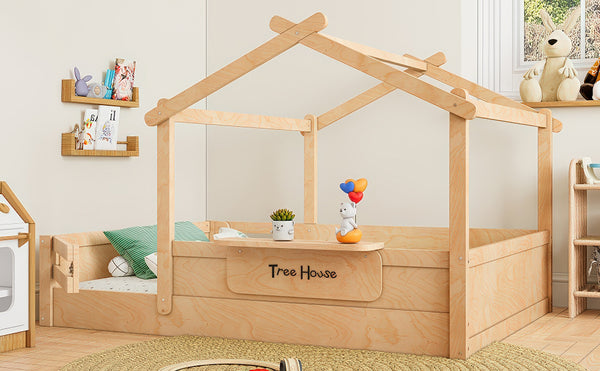 English Elm Twin Low Loft Bed Solid Pine Frame with Built-in Led Lighting and Storage Shelves Natural W1580P396333
