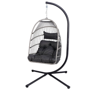 English Elm Foldable Hanging Egg Chair with Stand Pillow, HDPE Wicker, Rust‑Resistant Frame, Cushioned Headrest, 350lb Capacity Gray W2500P369668