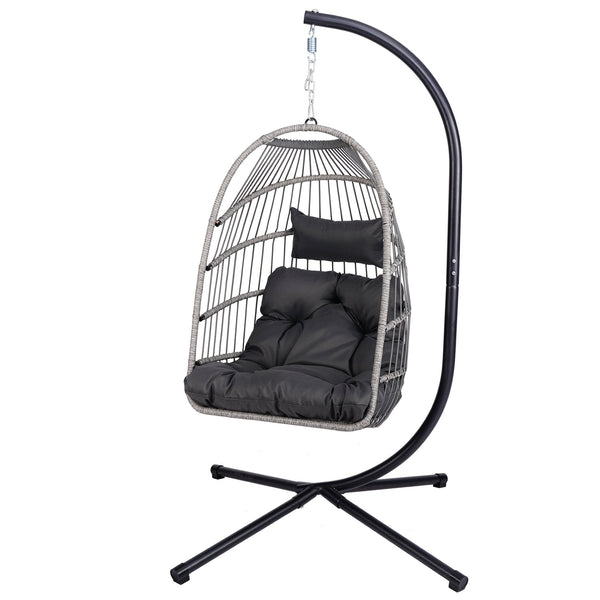 English Elm Foldable Hanging Egg Chair with Stand Pillow, HDPE Wicker, Rust‑Resistant Frame, Cushioned Headrest, 350lb Capacity Gray W2500P369668