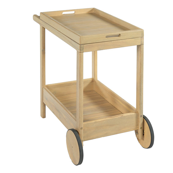 English Elm Saratoga Outdoor Acacia Wood Rolling Bar Cart with Two Tier Serving Shelves N775P403812B