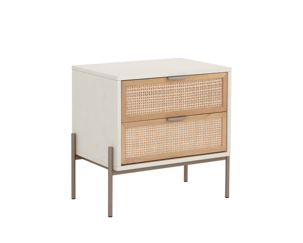Sunpan Avida Artisan Nightstand with Handwoven Rattan Drawers and Solid Oak Frame for Global Style Champagne Gold & Cream/Natural