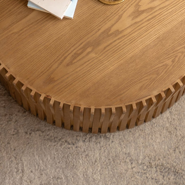 English Elm Vintage Cylindrical Nesting Coffee Table Set, Textured Embossed Wood Accent Tables for Living Room Natural W757P195740