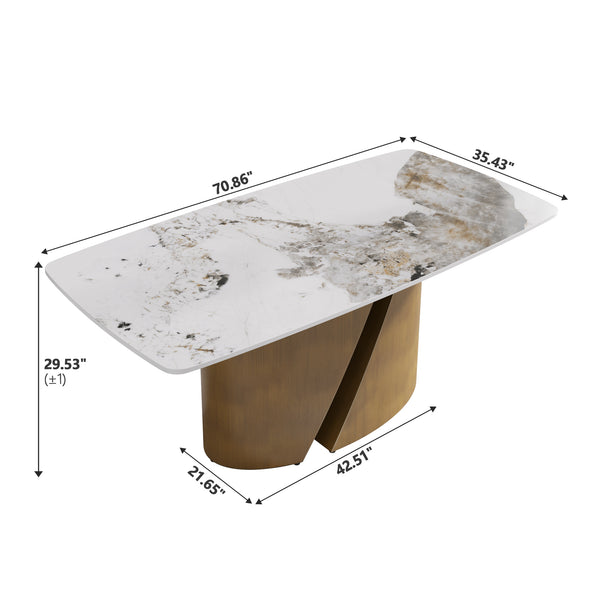 English Elm 70.86" Modern Curved Pandora Dining Table - Marble White Sintered Stone With Bronze Iron Legs, 6-8 Seats W1535S00360