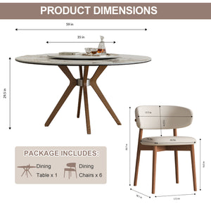English Elm 59-Inch Modern Sintered Stone Dining Table Set With Turntable & 6 Chairs – Stylish & Durable Design! W509S00134