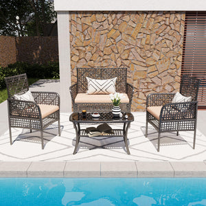 English Elm 4 Piece Outdoor Pe Rattan Wicker Conversation Set with Tempered Glass Coffee Table Beige W2071P296910
