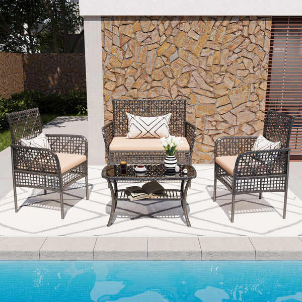 English Elm 4 Piece Outdoor Pe Rattan Wicker Conversation Set with Tempered Glass Coffee Table Beige W2071P296910