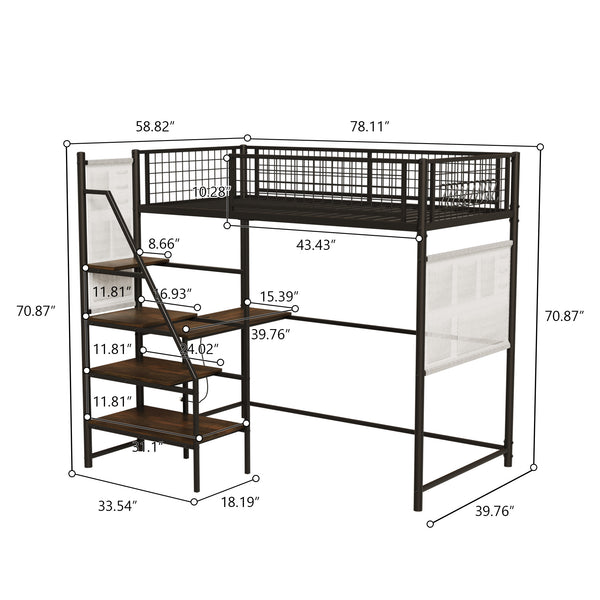 English Elm Black Metal Loft Bed with Built-in Desk Rgb Led Lighting and Charging Station Black W1671S00004