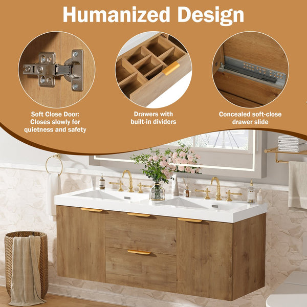 English Elm [video]59.3 Inch Wall Mounted Double Sink Vanity Wood Grain Mdf Soft Close Storage N729P000027N