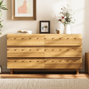 English Elm 60" Wave Front Six Drawer Dresser Sculptural Engineered Wood Media Console for Bedroom Oak N739S0000011N