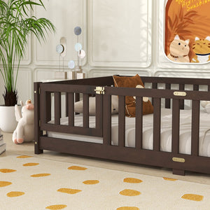 English Elm Twin Low Profile Rubberwood Floor Bed with Full Safety Fence for Toddler Rooms Espresso W504P429279