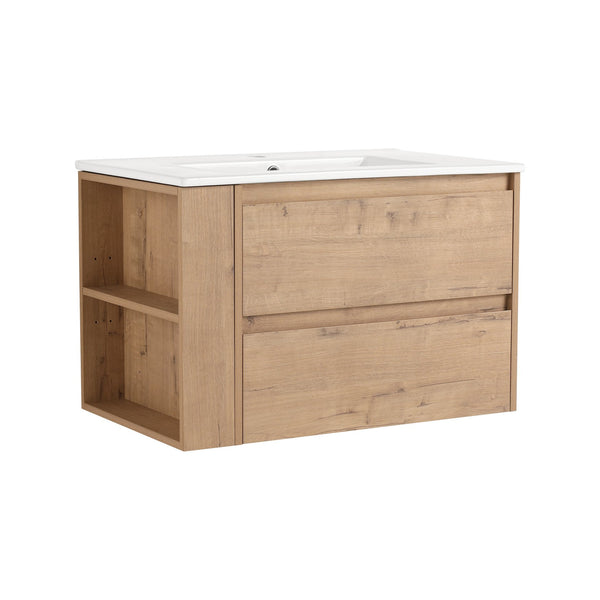 English Elm 30" Wall-Mount Bathroom Vanity With Ceramic Sink, Soft-Close Drawers & Configurable Side Shelf W999S00206