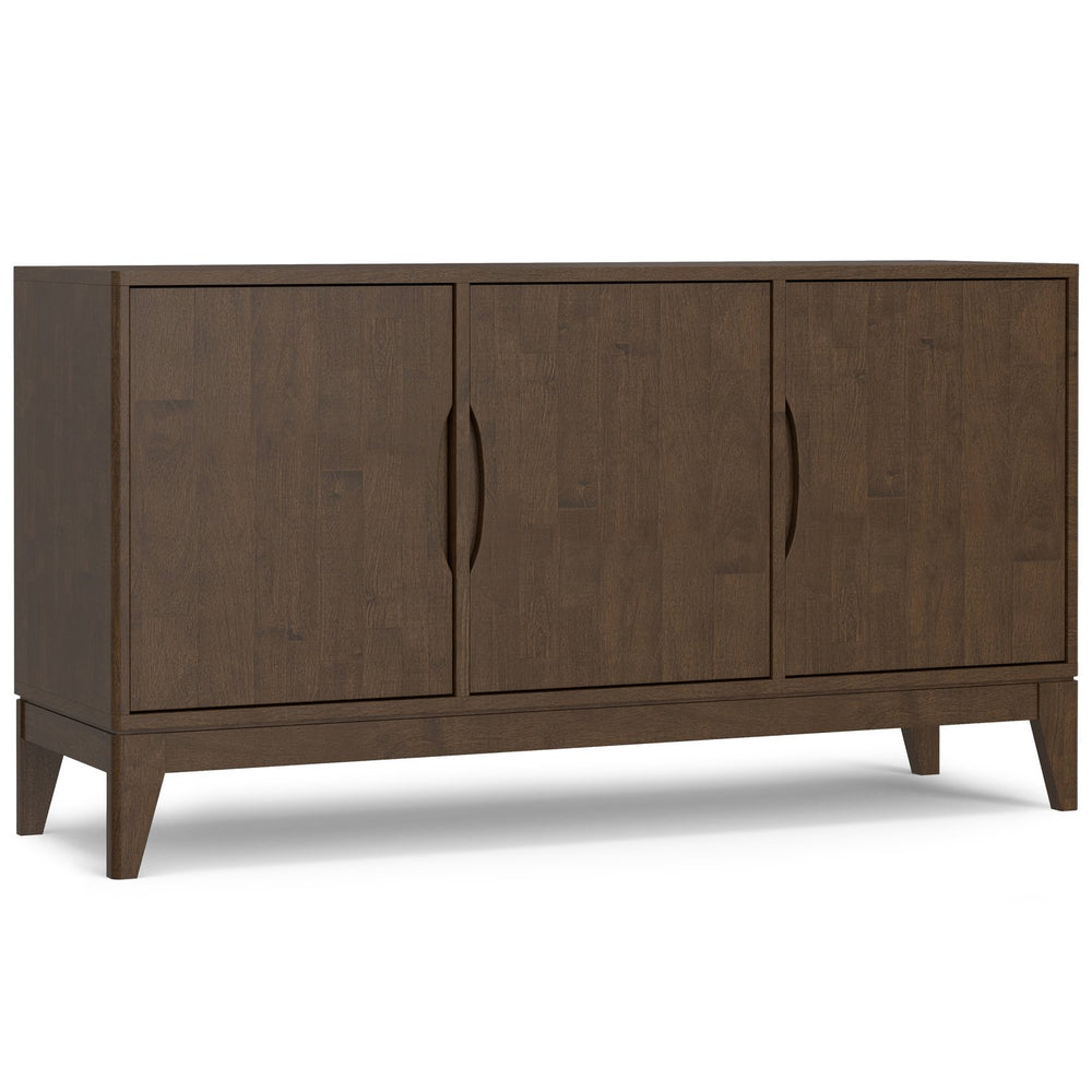 English Elm Harper Walnut Brown 3-Door Sideboard Buffet – Solid Rubberwood, Mid-Century Tapered Legs, Storage B136P235248