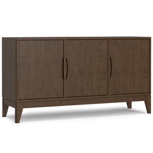 English Elm Harper Walnut Brown 3-Door Sideboard Buffet – Solid Rubberwood, Mid-Century Tapered Legs, Storage B136P235248