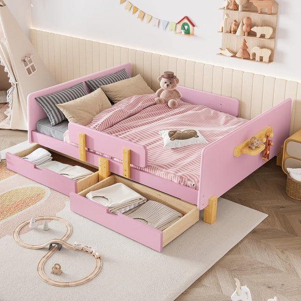 English Elm Twin Low Profile Kids Floor Bed Pine Wood Frame with Safety Rail and Built in Bookshelf Pink W1580P373245