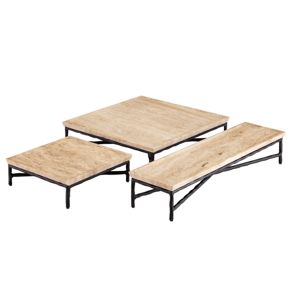 Boyles Travertine Tray with Unique Pitting and Forged Iron Base - Modern Natural Home Accent