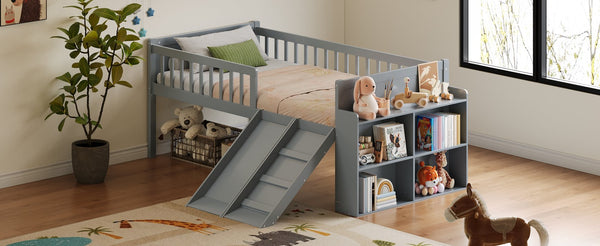 English Elm Twin Platform Kids Bed with Slide Ladder Guardrails Storage Shelf Wood Frame Gray N733S415411E