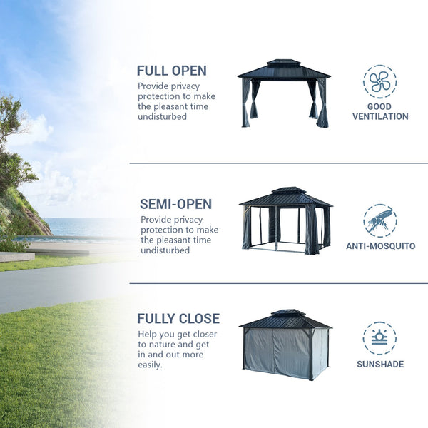 English Elm 10' X 12' Hardtop Gazebo with Galvanized Double Roof, Ventilated Skylight, Curtains & Mosquito Netting W765S00002