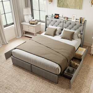 English Elm Queen Storage Platform Bed with Rgb Lighting Linen Headboard and Built-in Charging T3963P437321