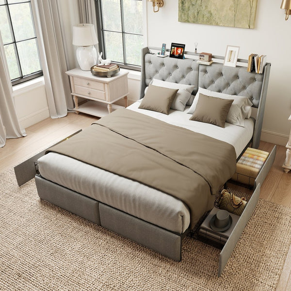 English Elm Queen Storage Platform Bed with Rgb Lighting Linen Headboard and Built-in Charging T3963P437321