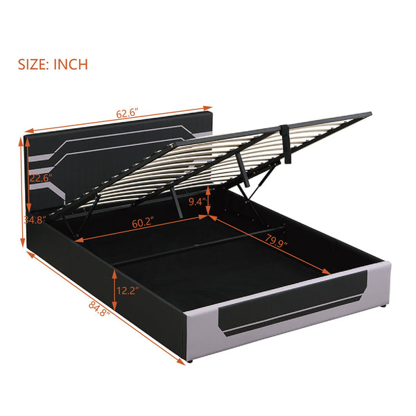 English Elm Modern Cyberpunk Queen Platform Bed Hydraulic Storage Pu Upholstered Gaming Frame Black+ Gray SF000205AAE