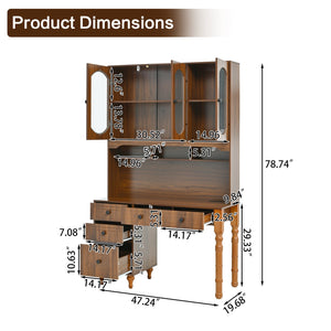 English Elm 47'' Retro Desk with Charging Ports, 5 Drawers & Glass-Door Hutch Cabinet for Home Office Walnut N733S357626D