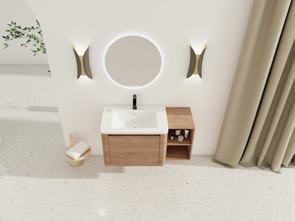 English Elm 40'' Wall-Mounted Vanity with White Ceramic Sink, Plywood Shelves, Soft-Close Door, Scratch-Resistant Finish W999S00380