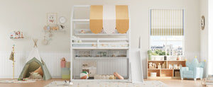 English Elm Full Size Wood Loft Bed with Canopy Slide and Built in Bookshelves for Kids White N7090005021K
