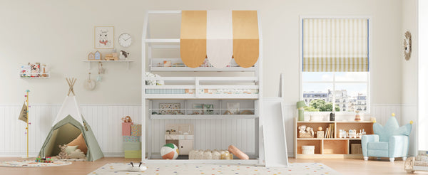 English Elm Full Size Wood Loft Bed with Canopy Slide and Built in Bookshelves for Kids White N7090005021K