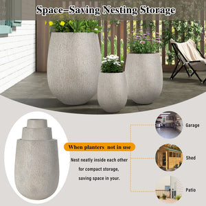 English Elm U_style Set of 3 Egg Shaped Mgo Stone Look Planters with Drainage Patio Garden N711P406659E